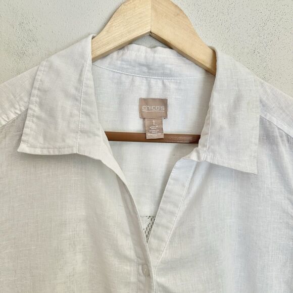 Chicos | Linen Crochet Back Button Shirt Roll Tab Sleeves Top Size 1 -‎ Med - 44 - Picture 7 of 15